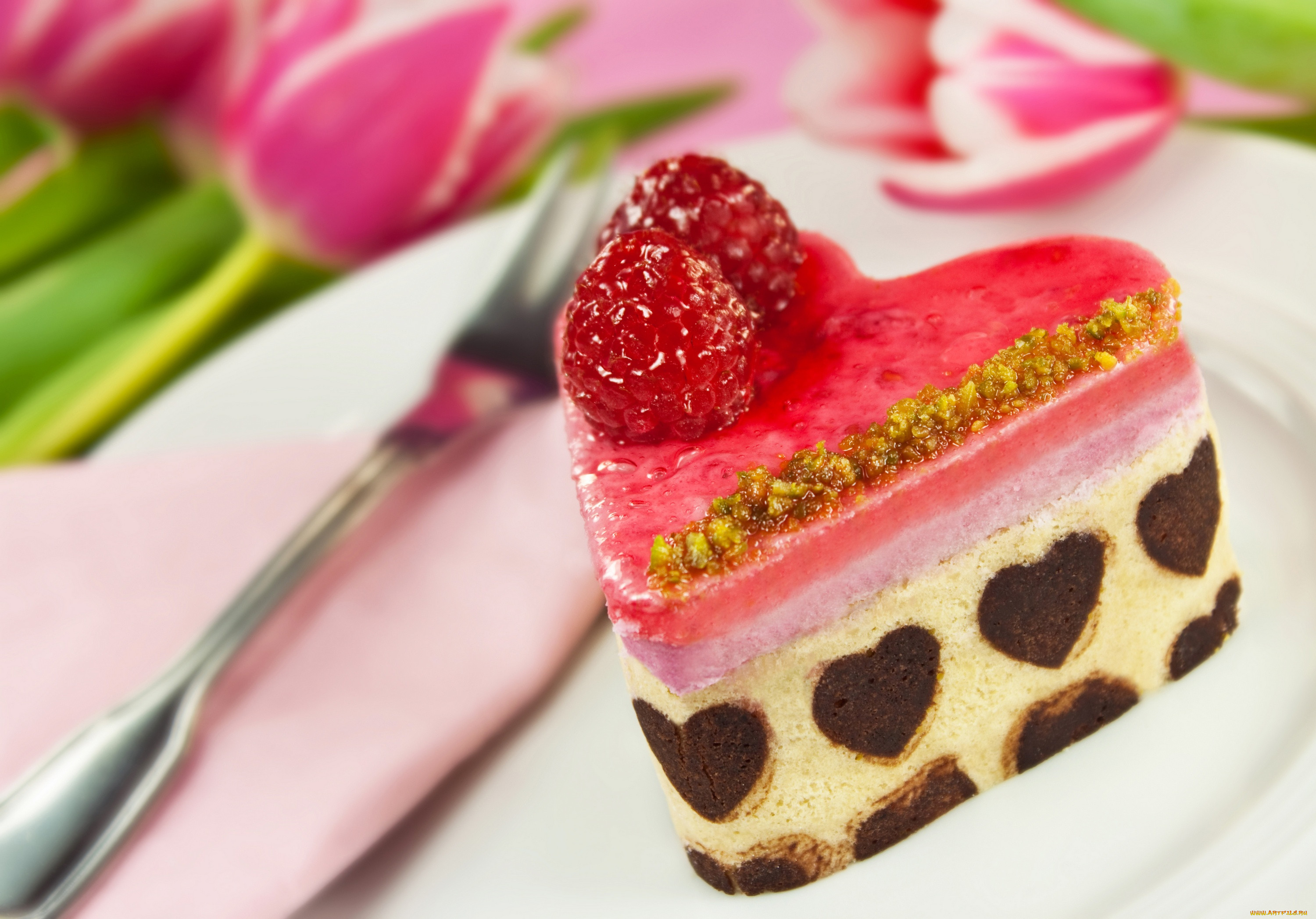 , ,  ,  , , , , , , , , , , , , dessert, cake, food, raspberries, cream, flowers, tulips, heart, holiday, love